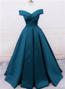 Picture of Glam Blue Satin Long Off Shoulder Party Dresses, A-line Prom Dresses